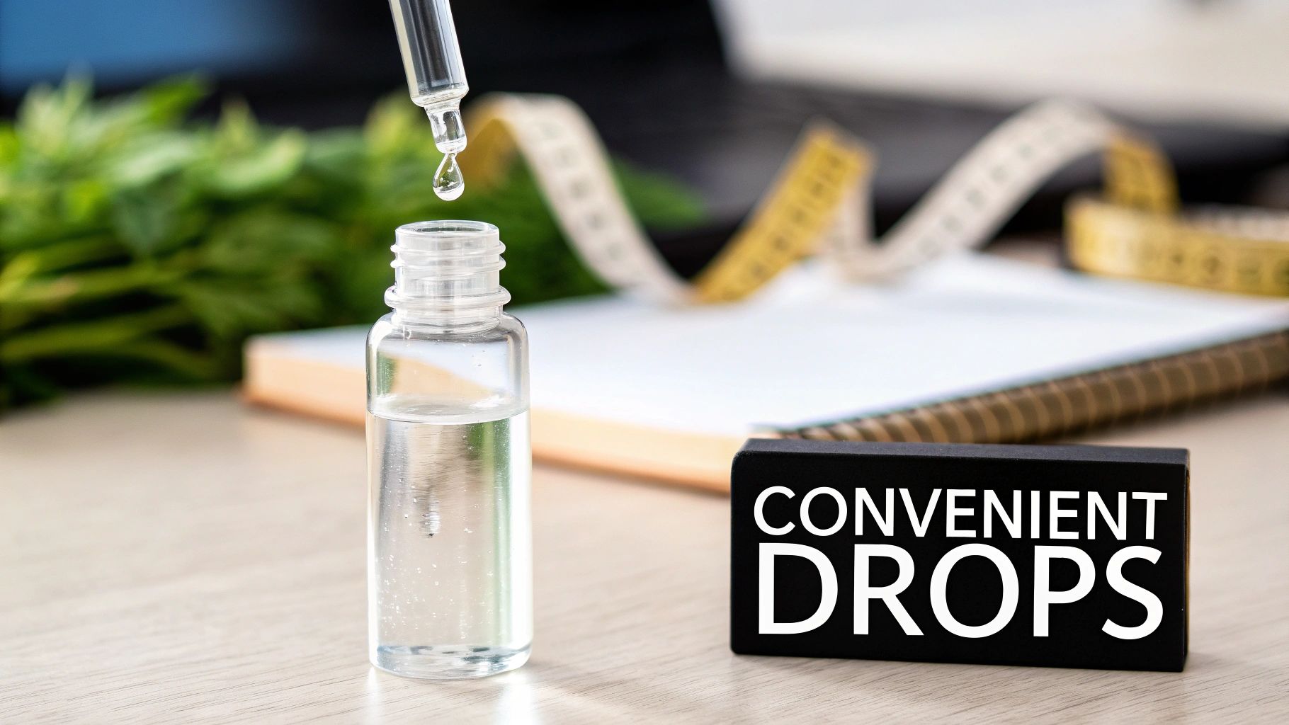 A dropper dispenses clear liquid into a small bottle next to 'CONVENIENT DROPS' text.