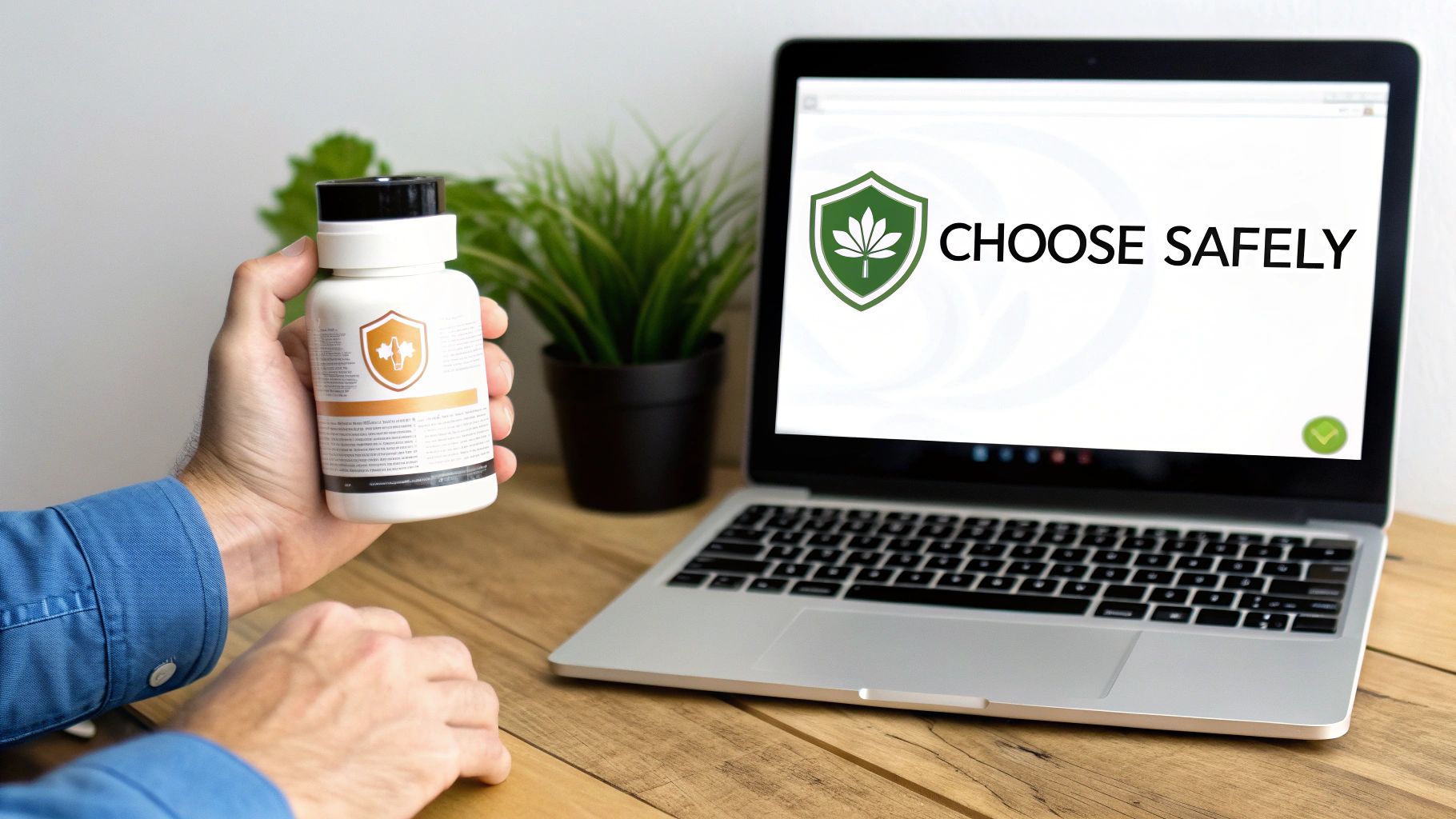 A person holds a supplement bottle with a safety logo while a laptop screen displays "CHOOSE SAFELY" and a plant leaf emblem.