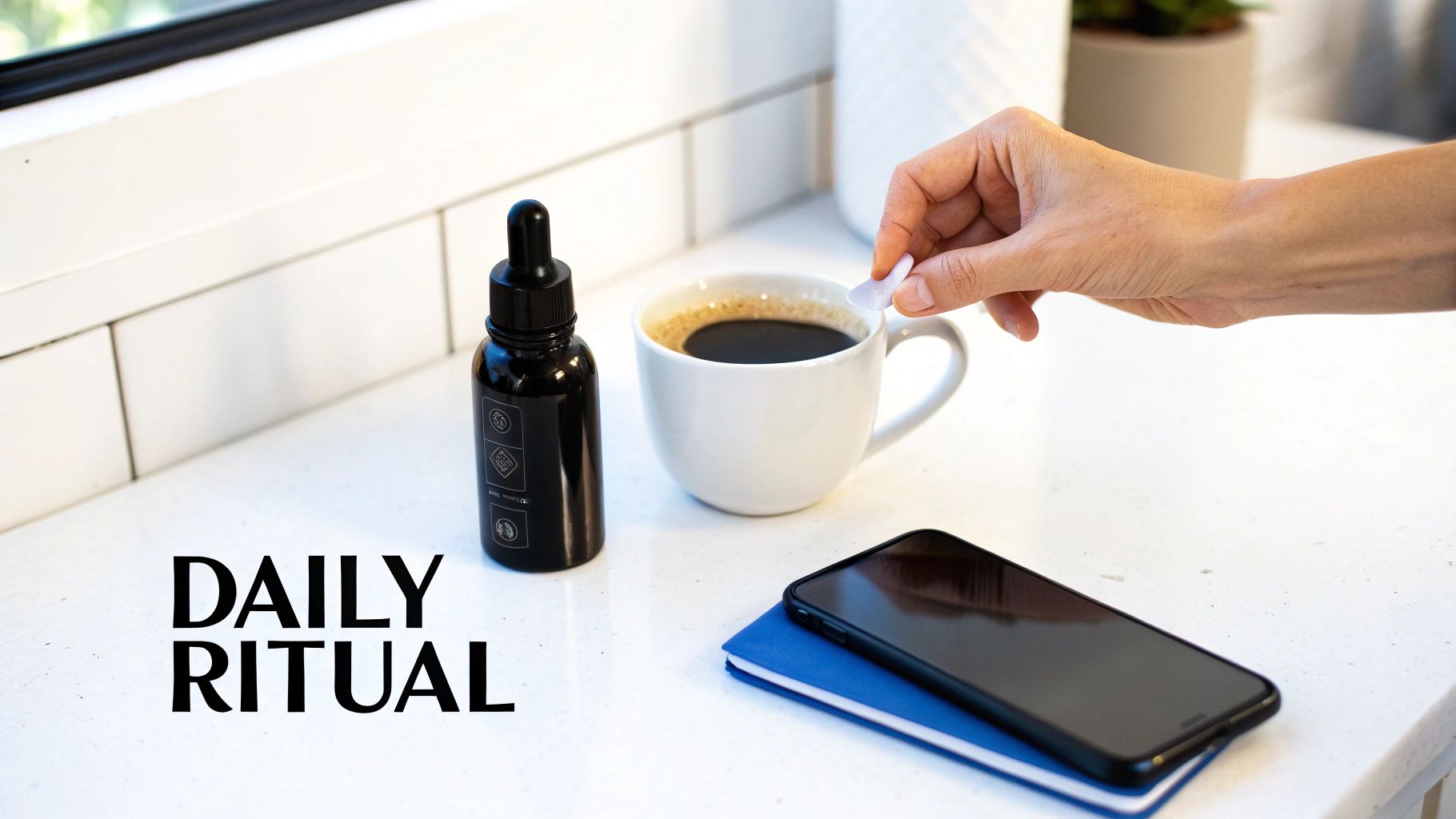 A person adds liquid drops from a bottle into a cup of coffee for a daily ritual.