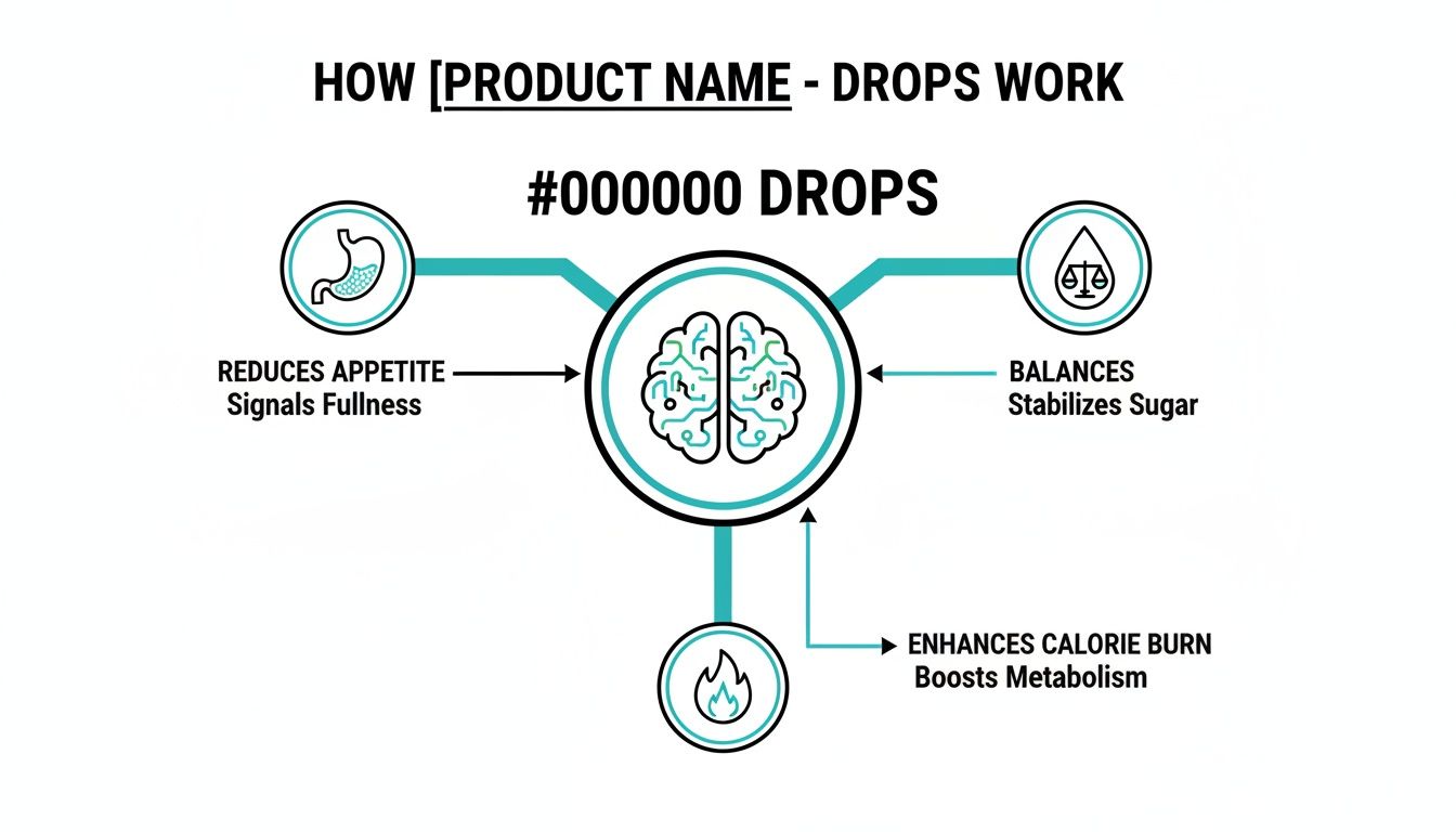 Diagram illustrating how product drops work, showing brain's role in reducing appetite, balancing sugar, and boosting metabolism.