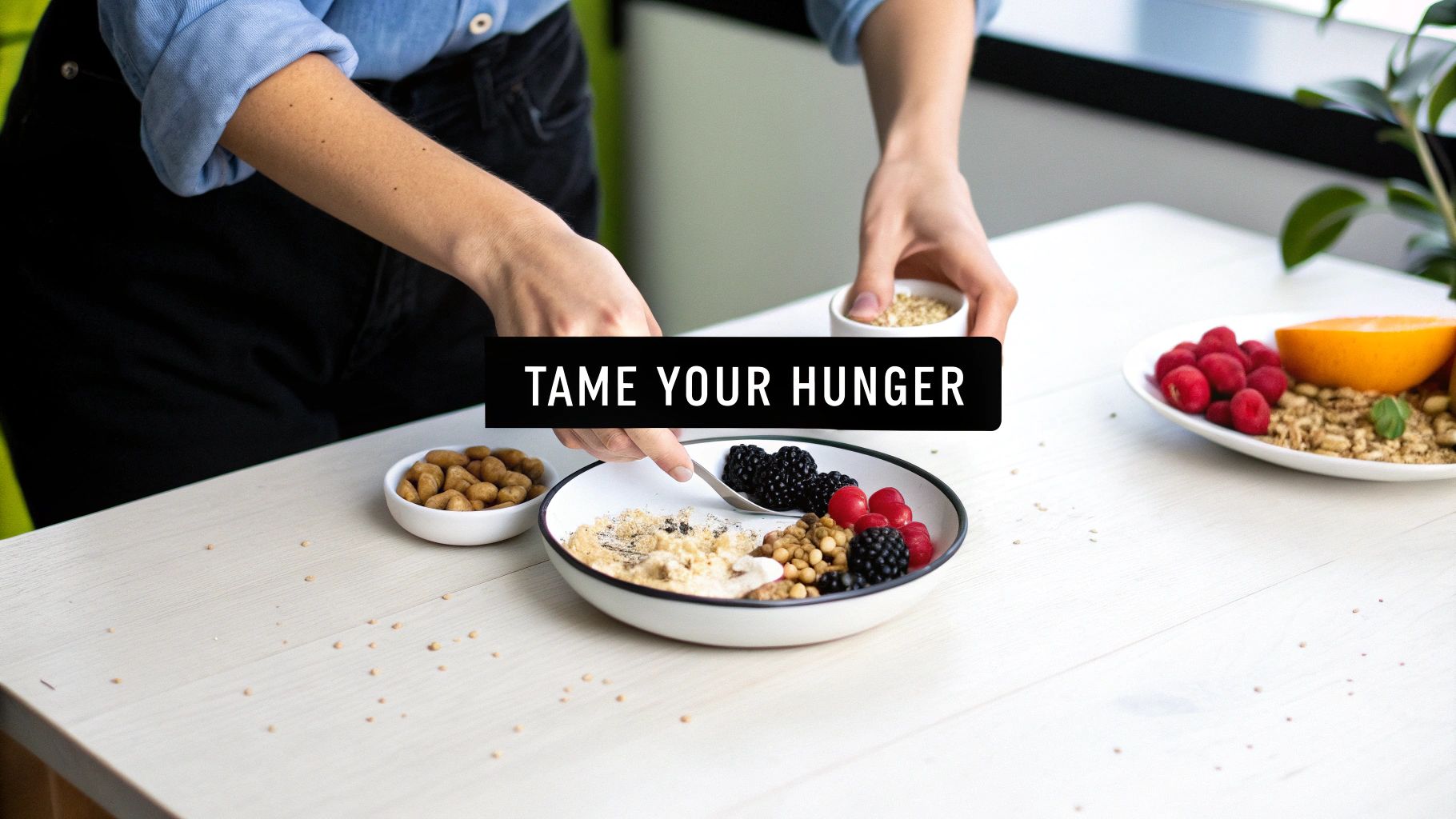 A person preparing a healthy breakfast bowl with fresh berries, nuts, and seeds for appetite control.