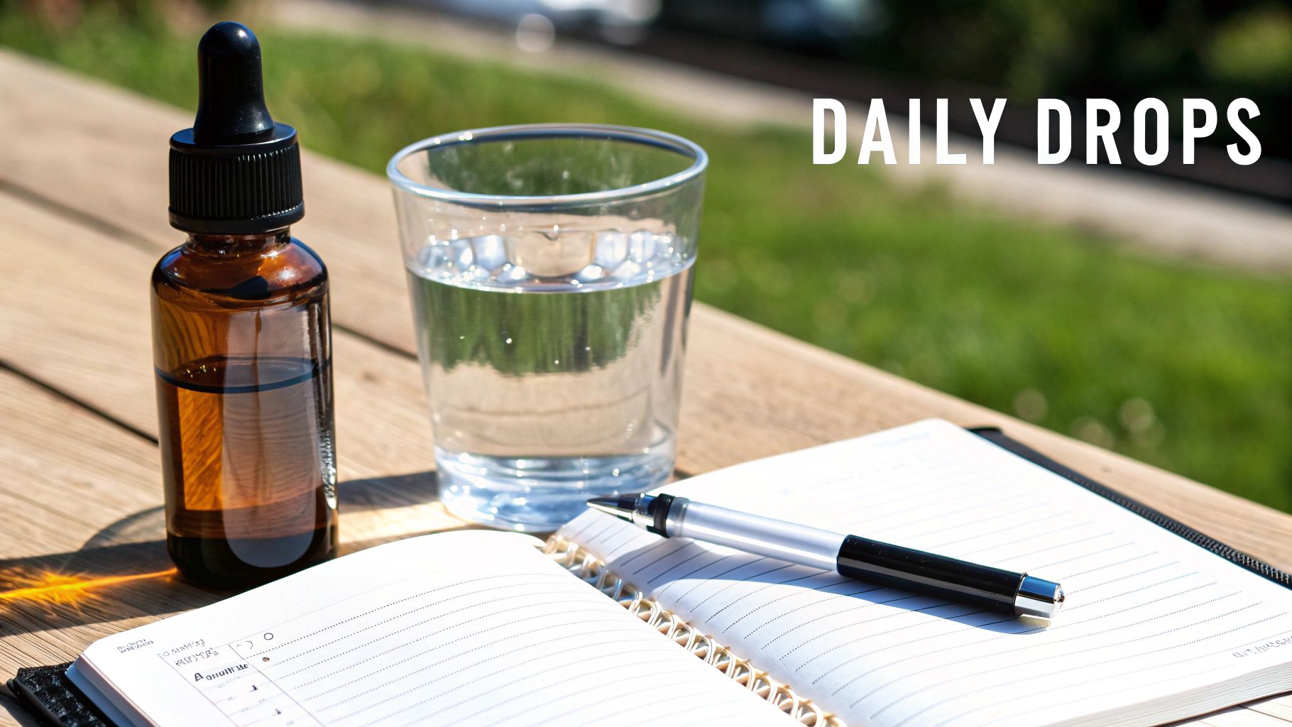 A dropper bottle, glass of water, open notebook, and pen on a wooden table outdoors with 'DAILY DROPS' text.