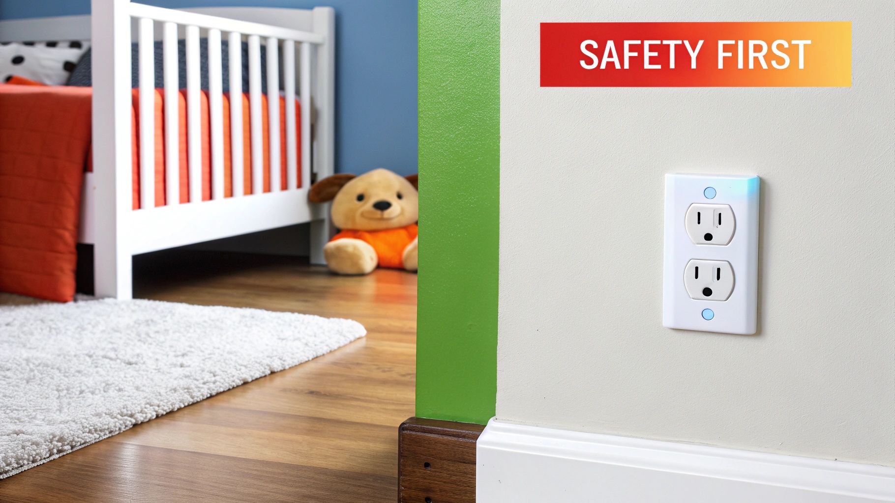 A parent safely placing a cordless night light on a shelf away from a baby's crib.