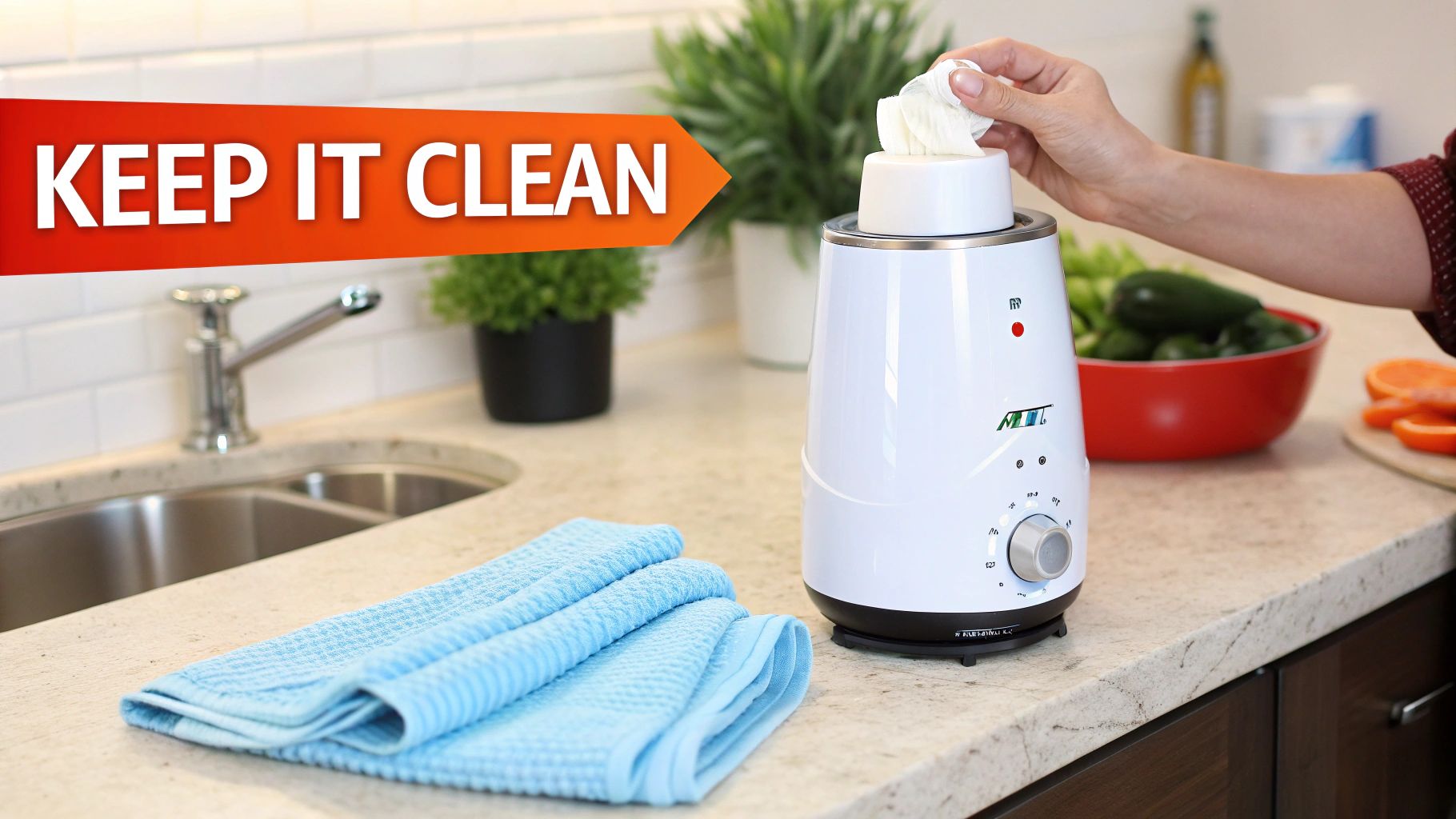 A person wiping down an Avent bottle warmer with a cloth.