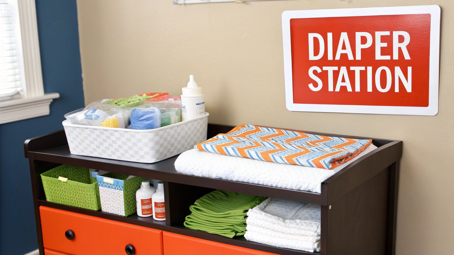A well-organized diaper changing station with a changing pad, diapers, and other essentials.