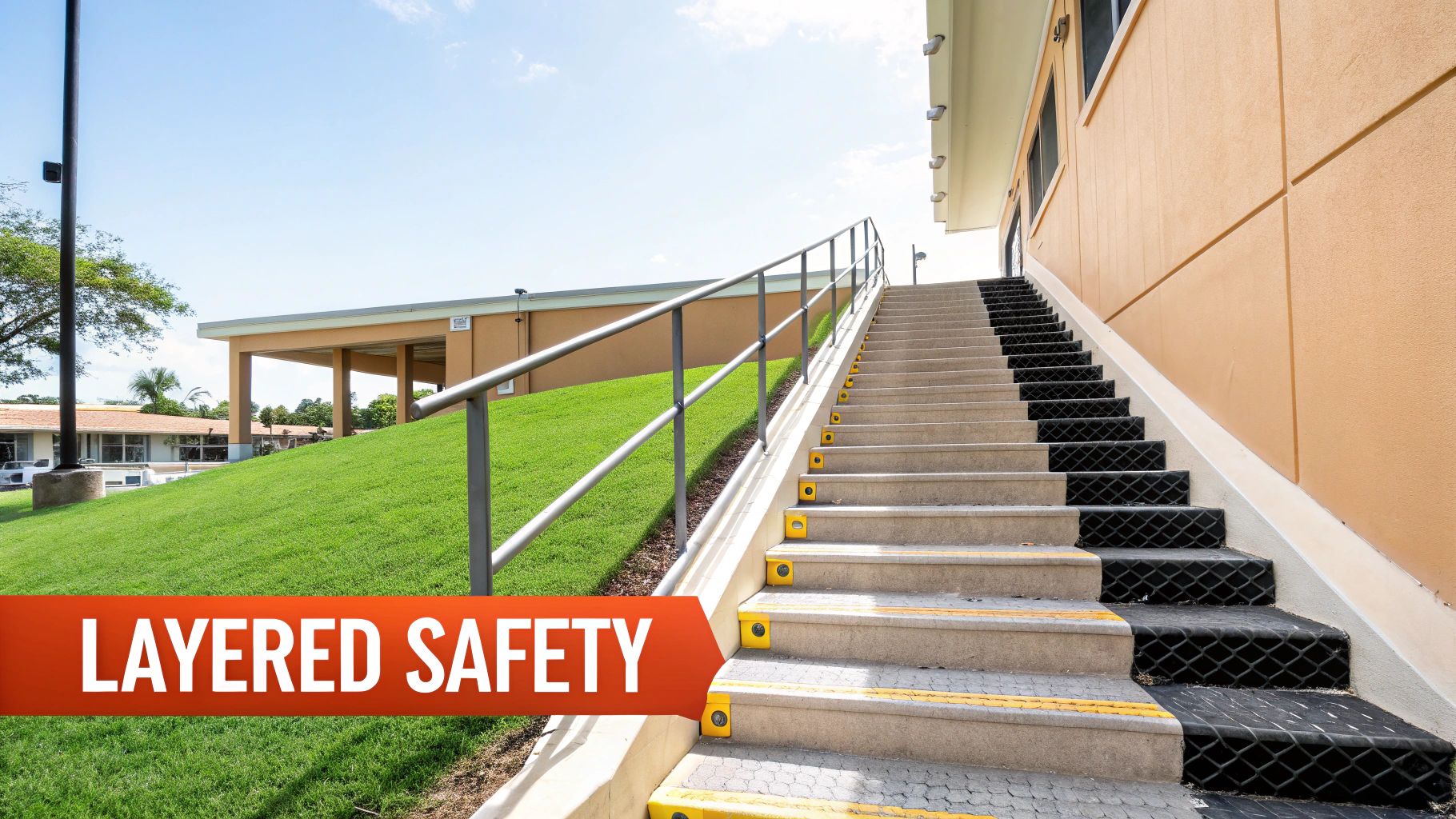 A well-lit, clutter-free staircase with non-slip treads, illustrating essential stair safety habits.