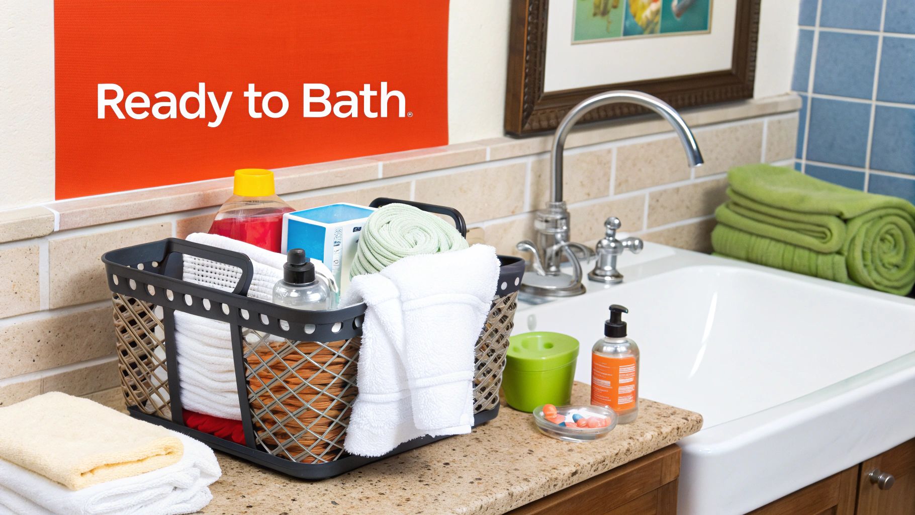 A neatly organized baby bathing station with towels, lotions, and diapers ready