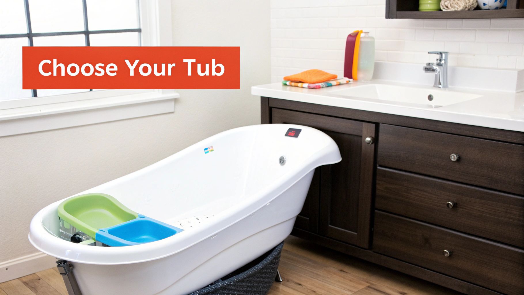 A newborn baby being bathed by a parent in a white plastic tub