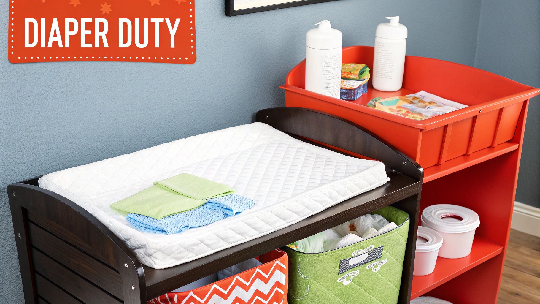 Newborn baby on a changing pad during a diaper change