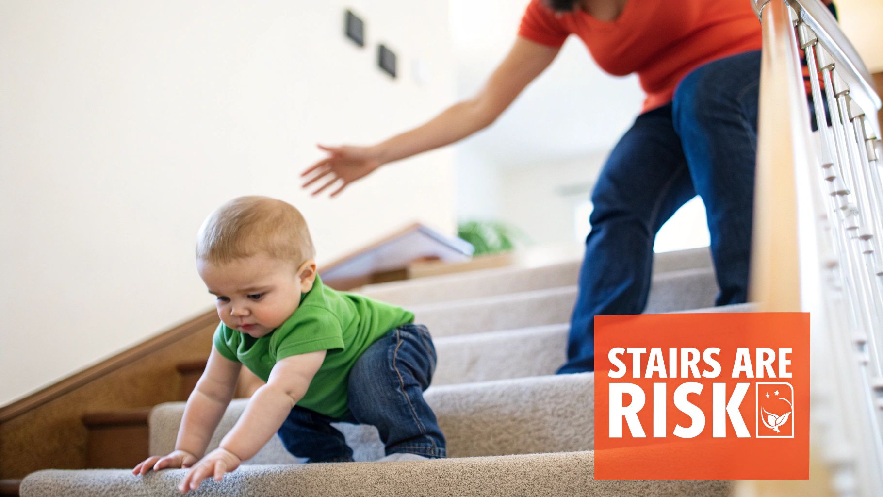 A baby safely playing near a staircase that has a baby gate installed.