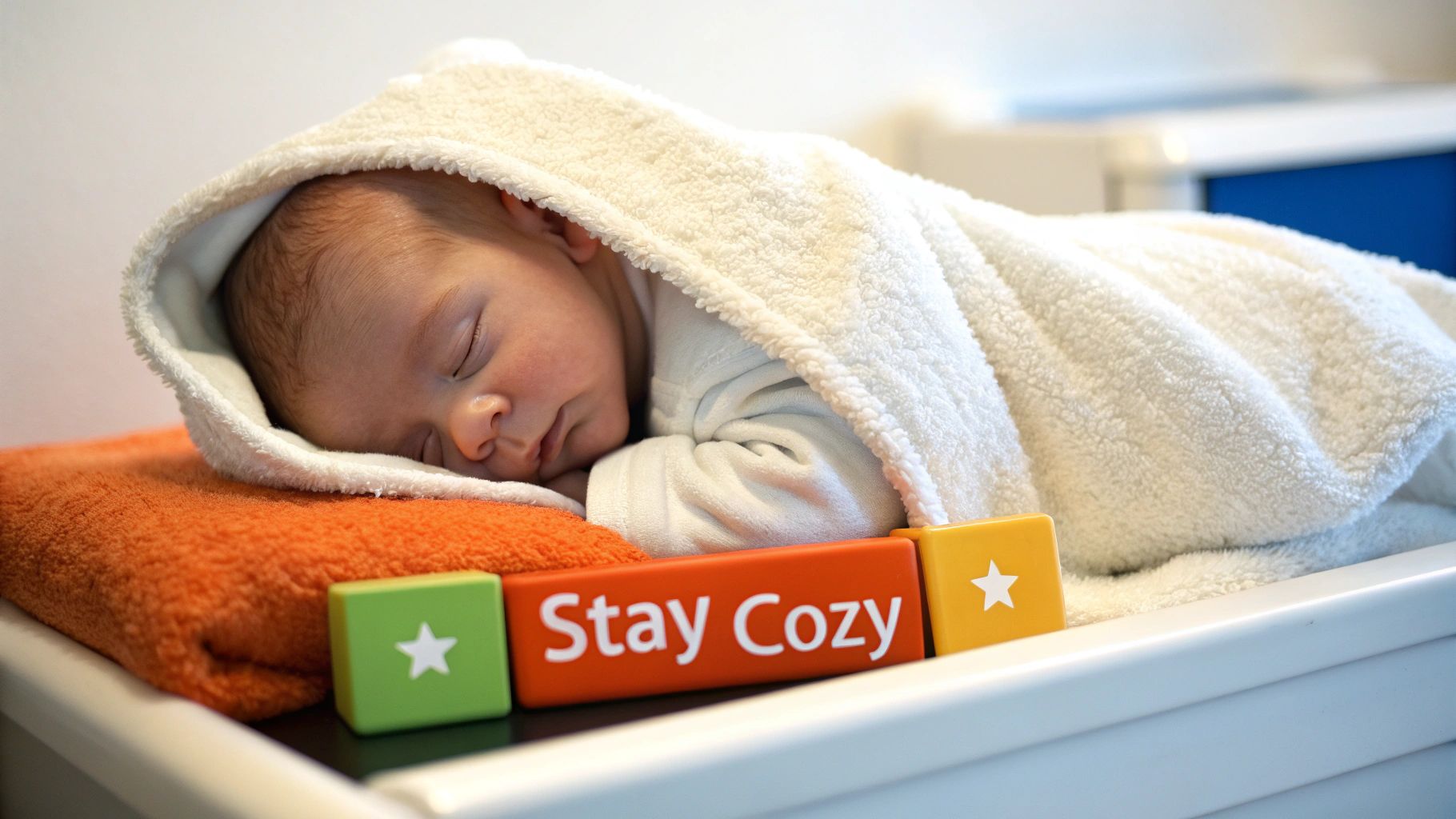 A happy baby wrapped in a soft, white hooded towel after a bath