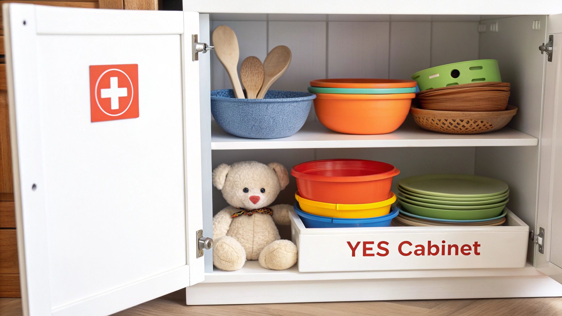 A toddler safely playing with plastic containers from a designated 'yes' cabinet.