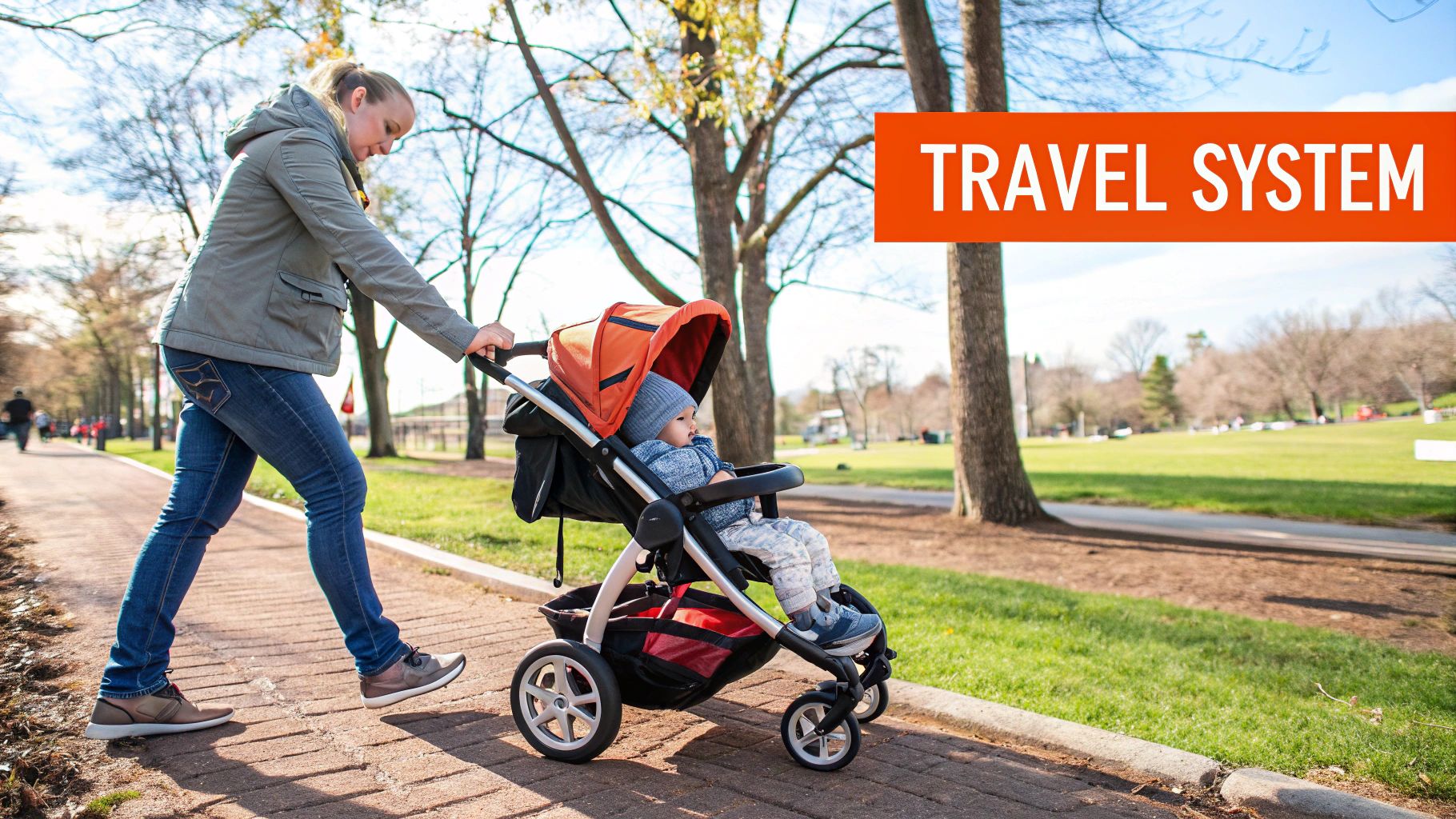 A parent pushing a modern stroller with a newborn safely nestled inside.