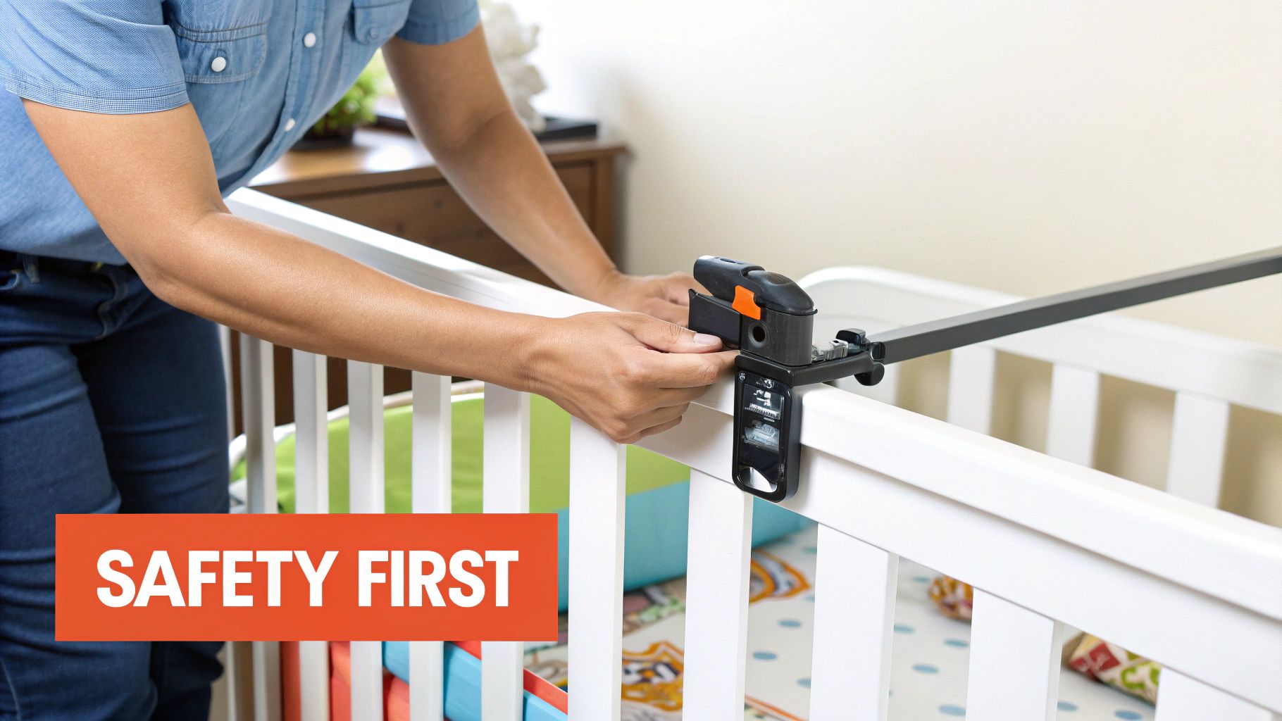 A close-up shot of a parent securely attaching a wooden mobile to a white crib.