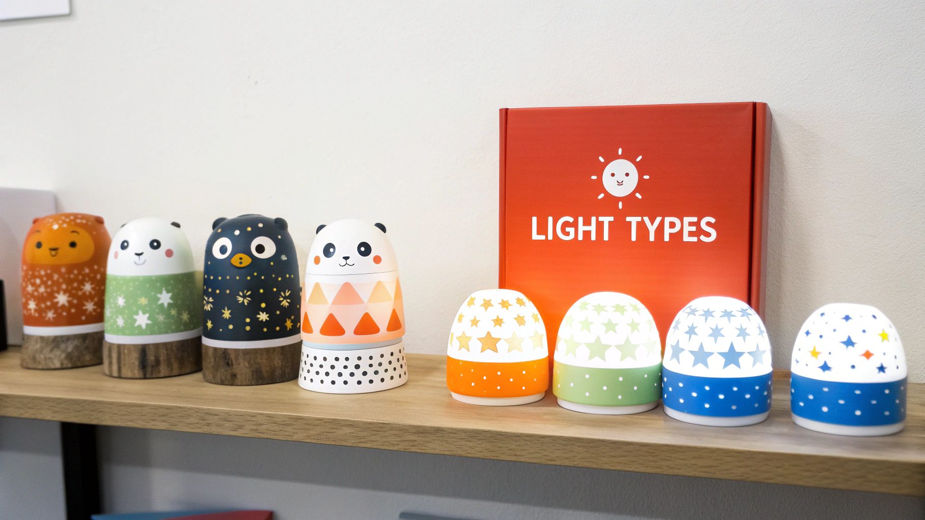 Several different types of night lights arranged on a shelf in a nursery.