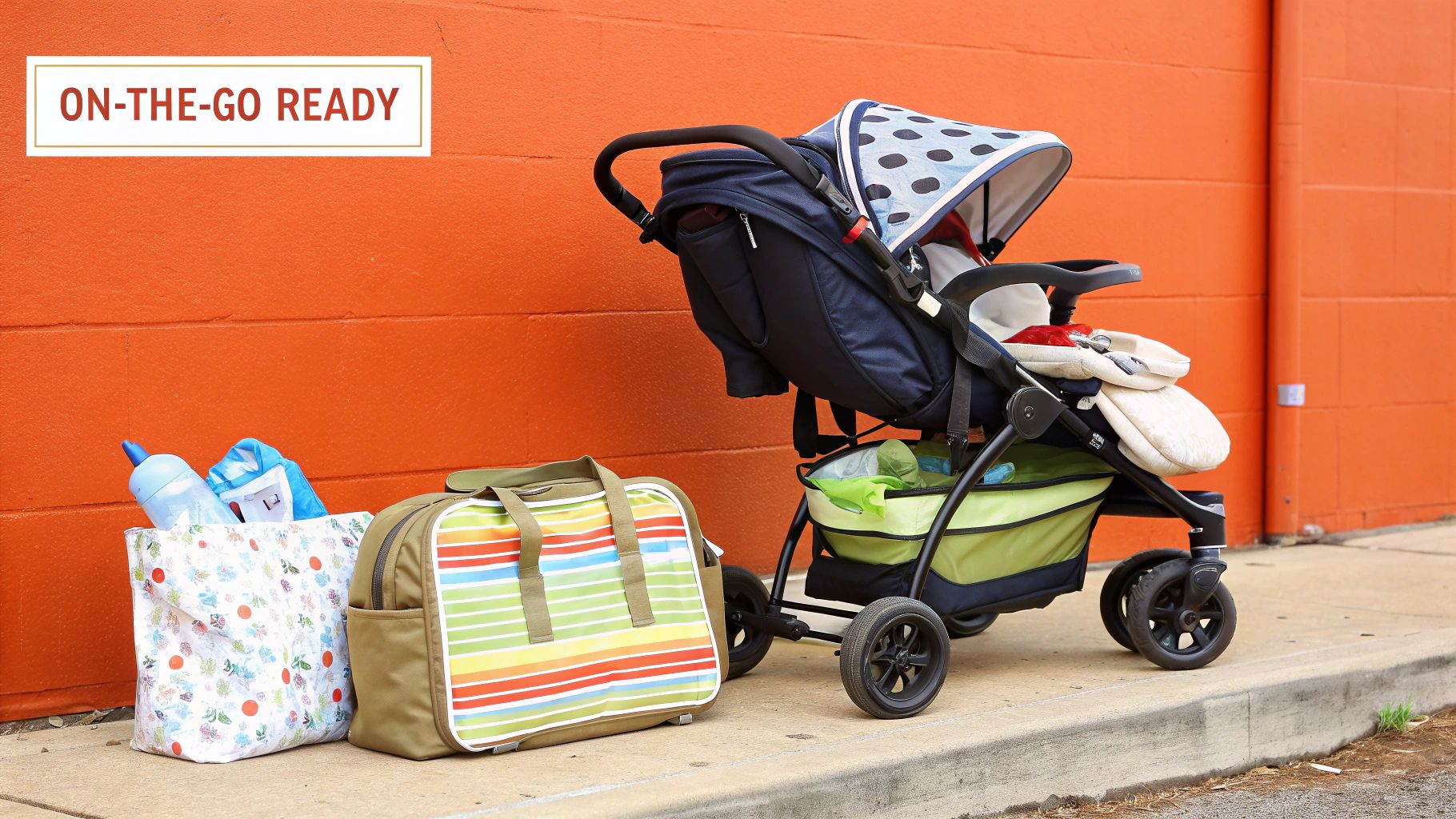 A neatly packed hospital bag next to a car seat and baby clothes.