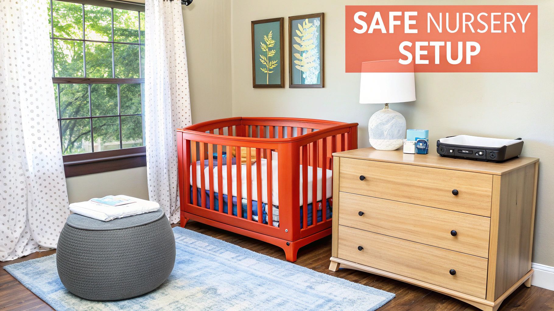 A peaceful baby nursery with a crib and soft lighting.