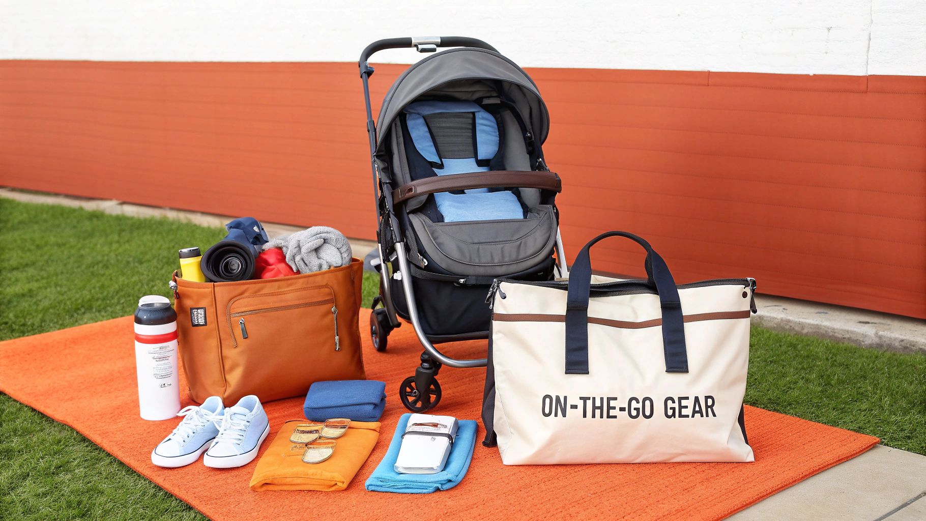A mother pushes her baby in a stroller through a sunlit park.