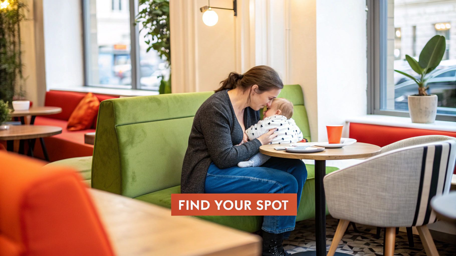 A confident mother breastfeeding her baby in a public setting.