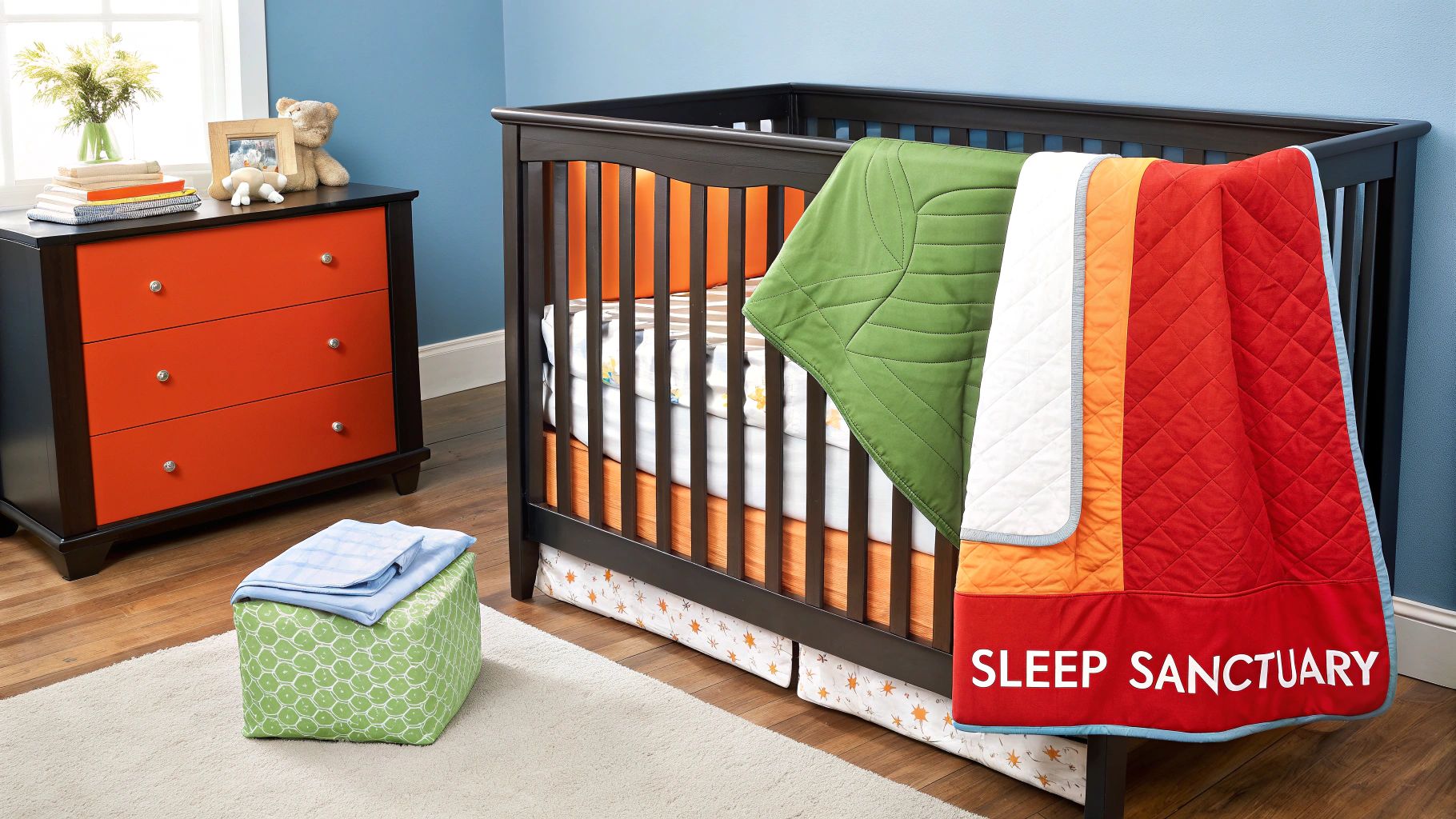 A serene and safe baby nursery with a modern crib and soothing decor.