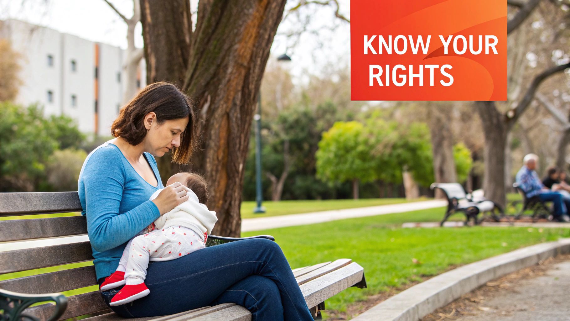 A mother breastfeeding her baby on a park bench, looking relaxed and comfortable.