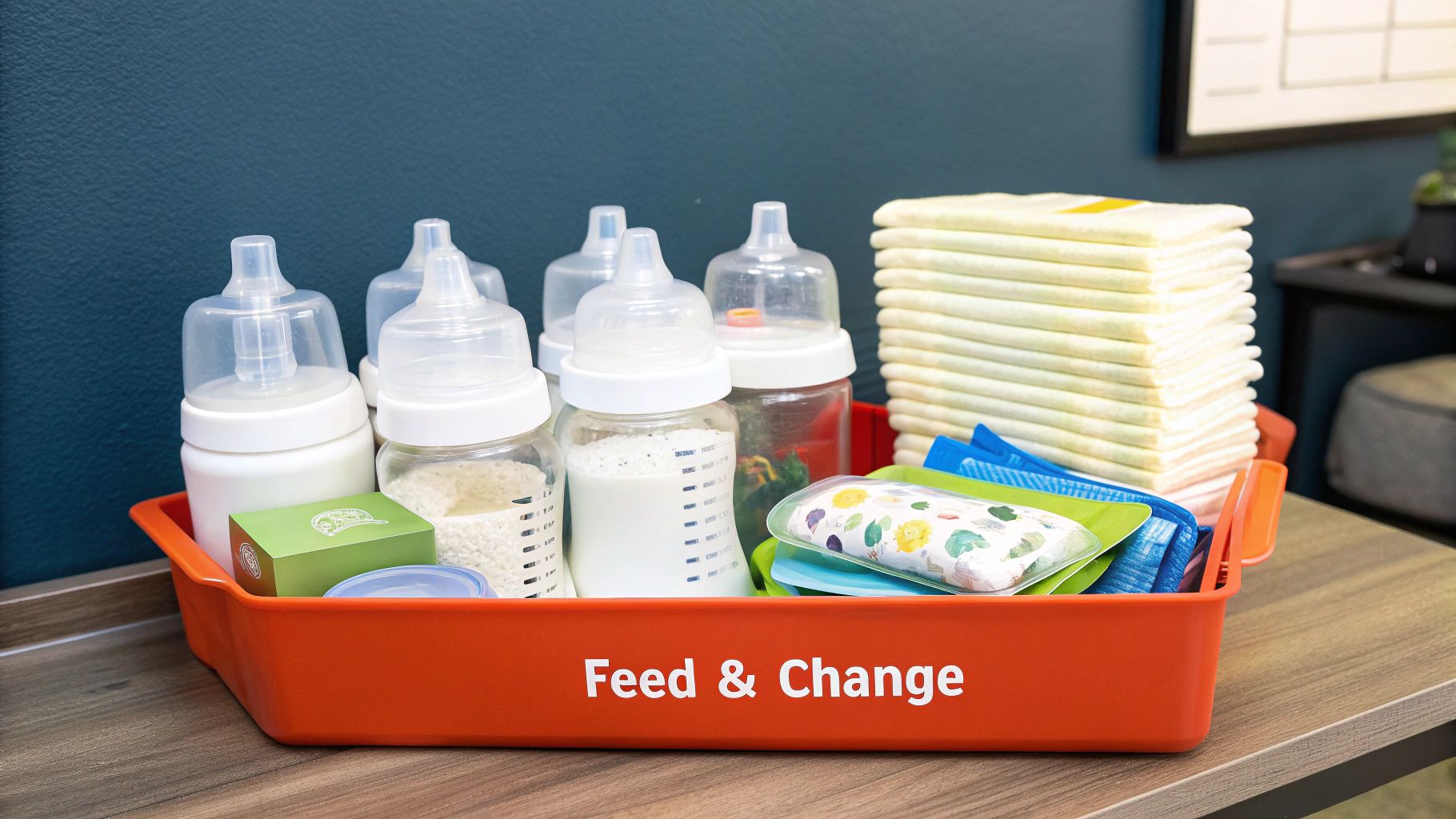 A collection of baby feeding and diapering items like bottles, diapers, and wipes arranged neatly