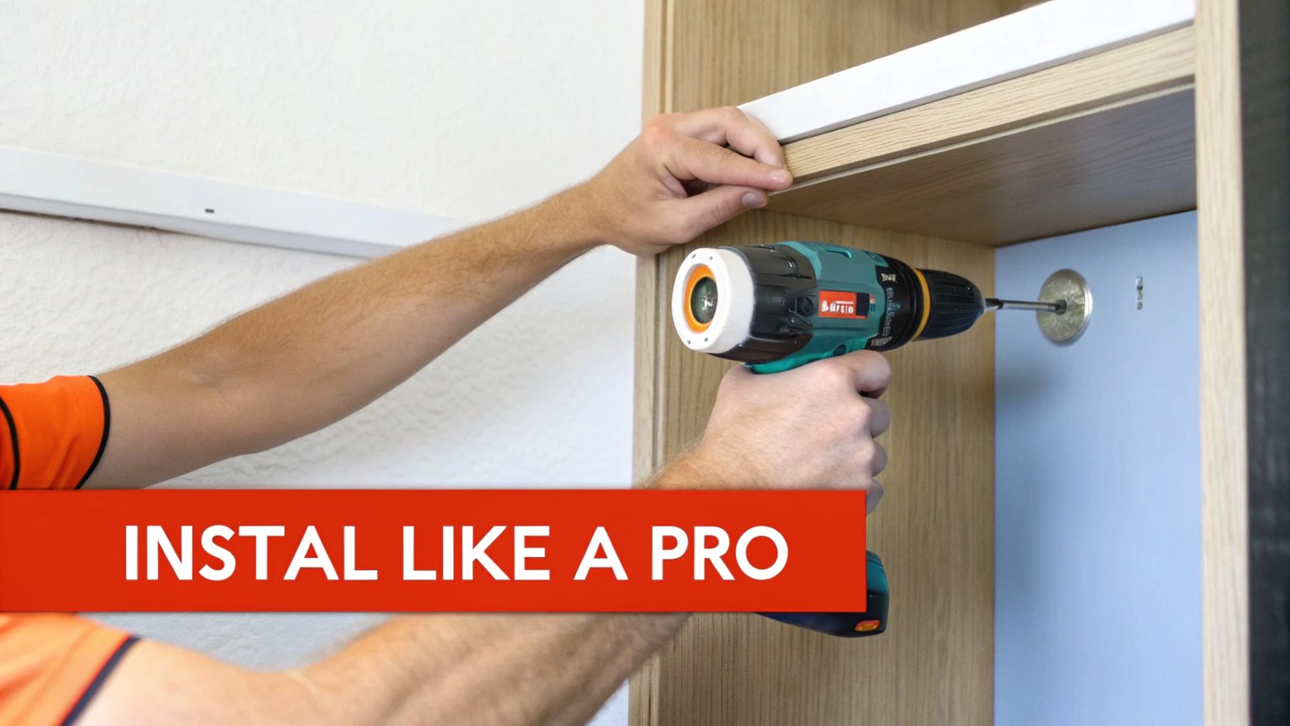 A person installing an adhesive baby proofing lock on a white cabinet door.