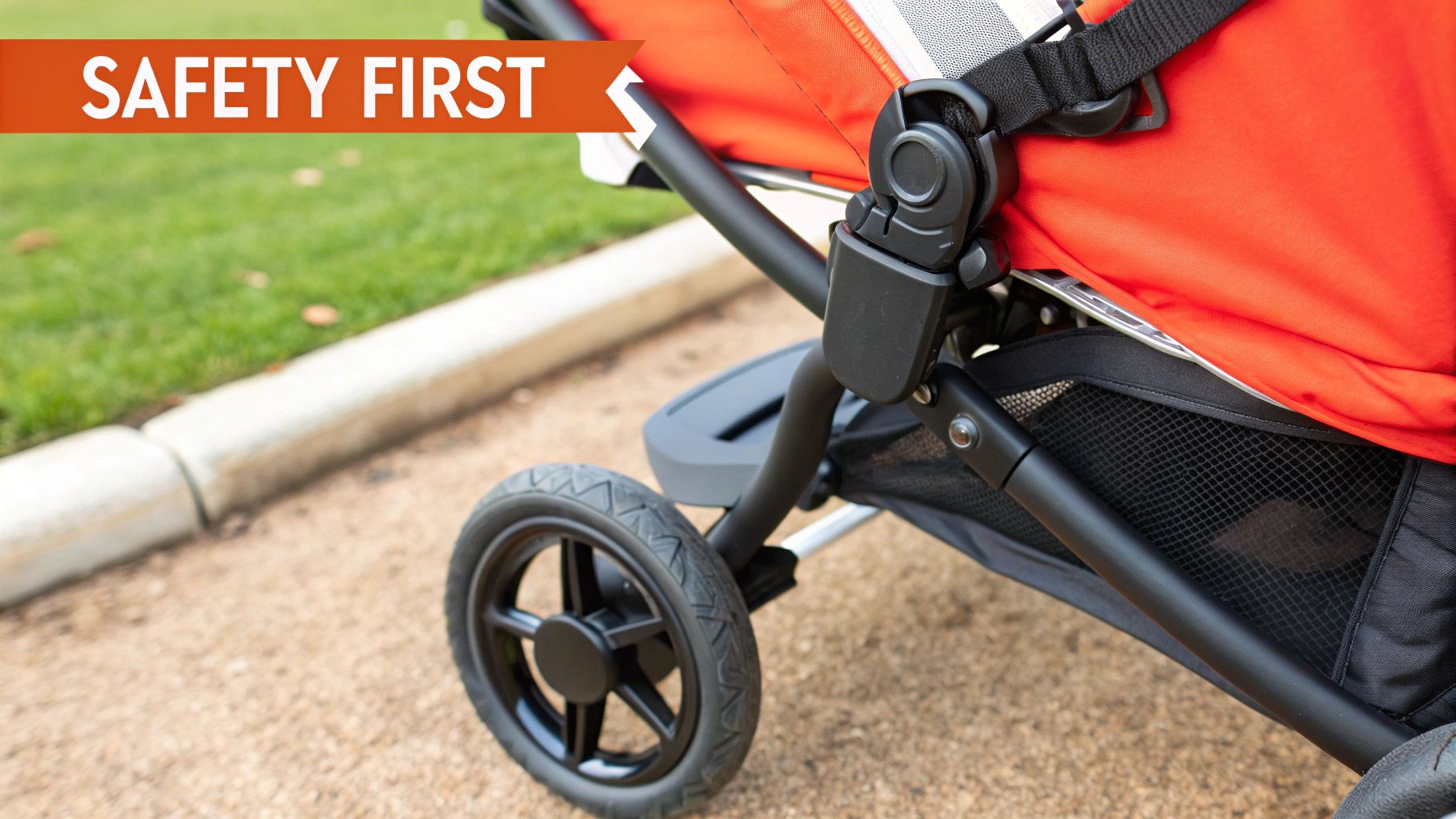 A parent checking the safety harness on a newborn stroller.
