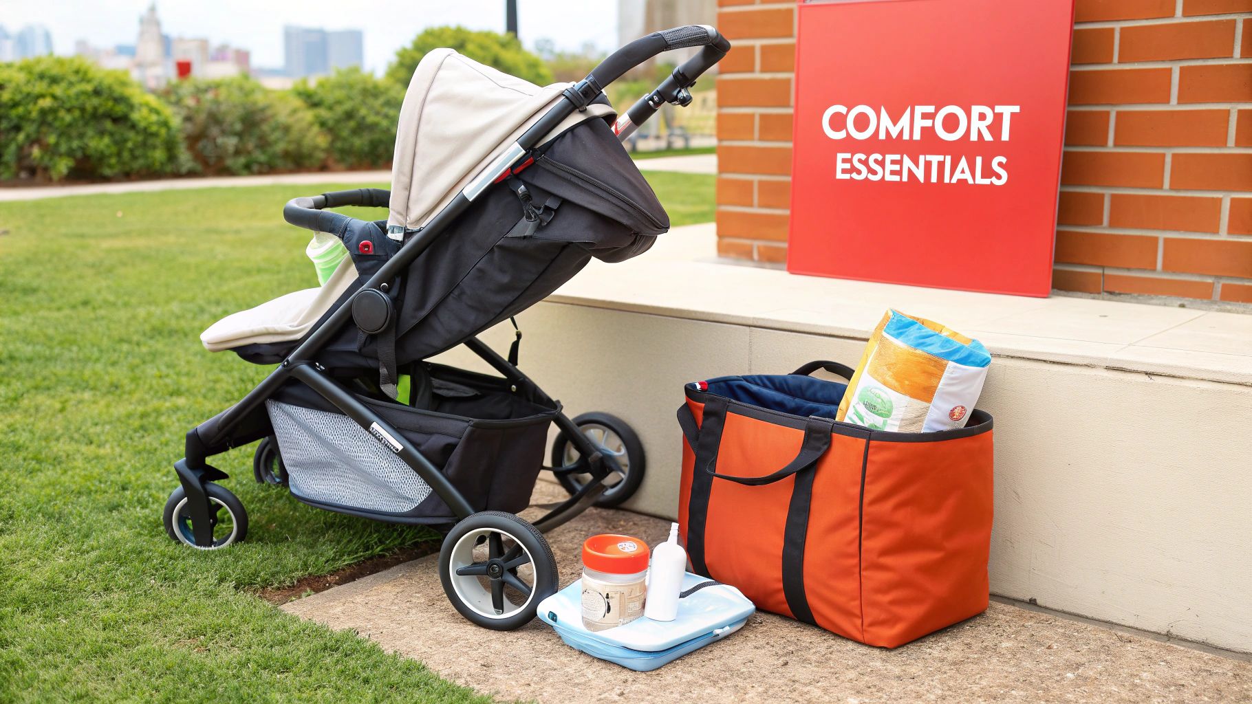 A parent easily folding a stroller with one hand while holding their baby.