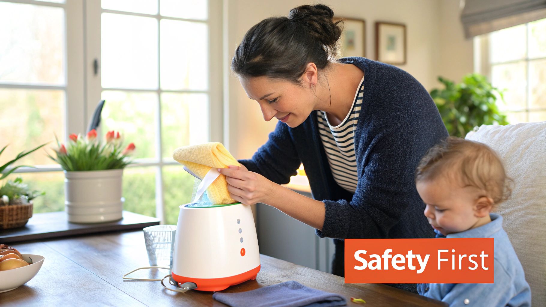 A parent carefully checks the temperature of a baby bottle from an Avent bottle warmer.