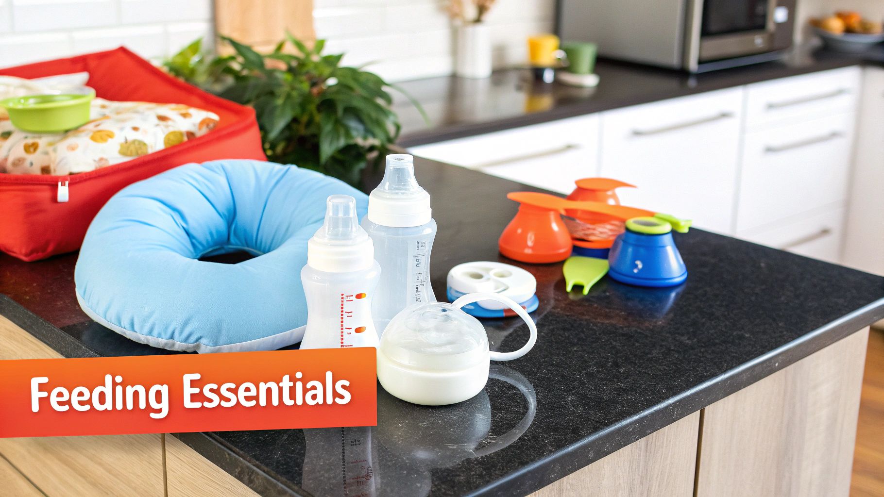 A baby bottle and feeding supplies on a clean surface.