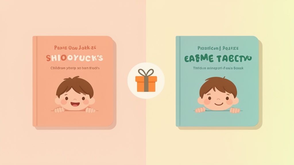 Deux livres pour enfants colorés, orange et bleu-vert, illustrés d'un garçon souriant, avec un cadeau au centre.