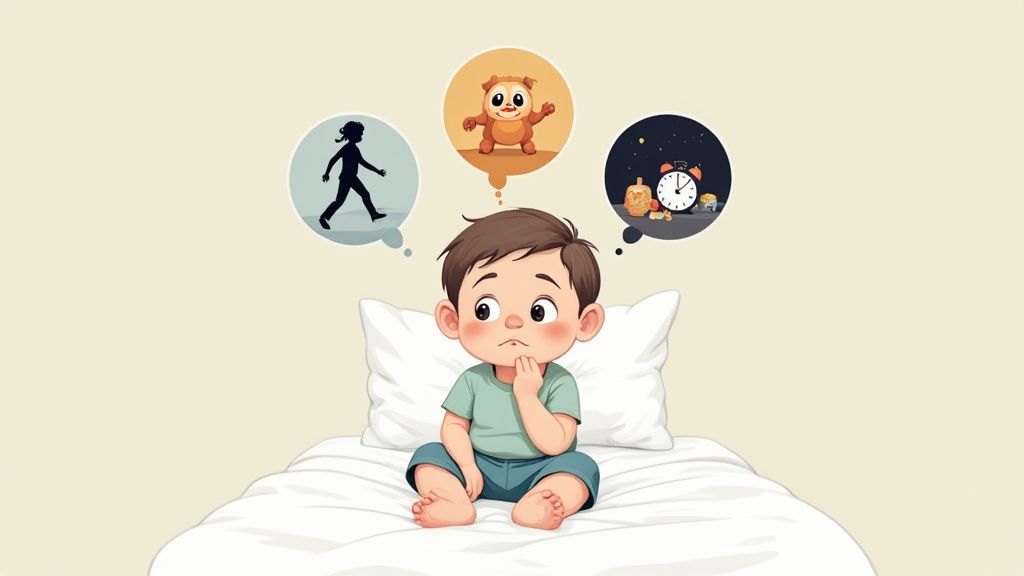 Un jeune garçon pensif assis sur son lit, avec des bulles de pensée sur le sommeil, les peurs et l'imagination.