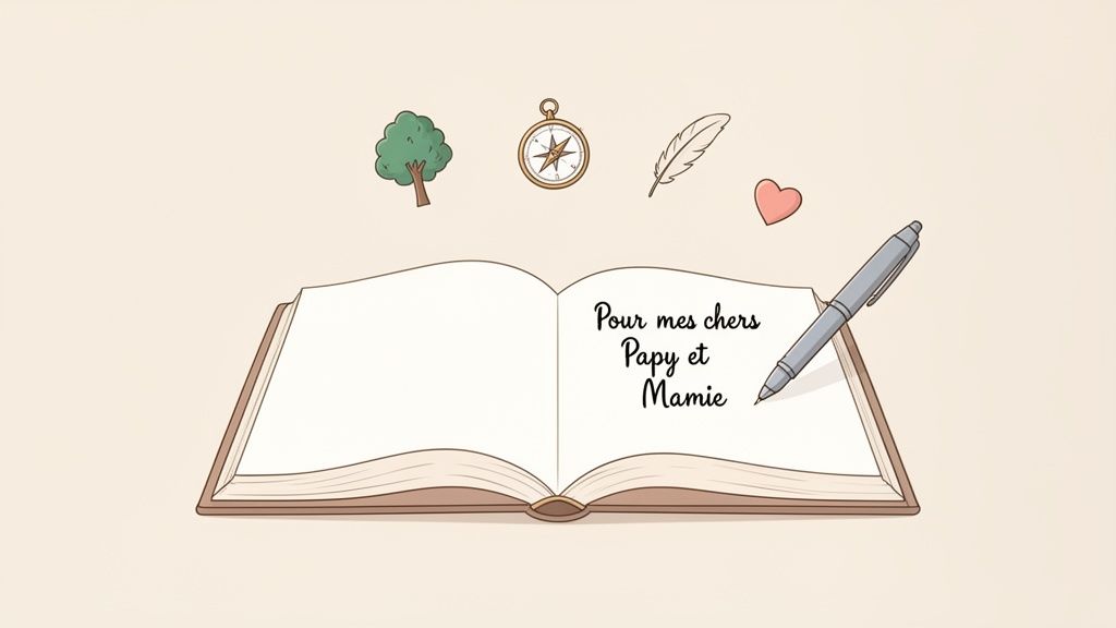 Un livre ouvert avec un message manuscrit pour Papy et Mamie, entouré d'objets symboliques.