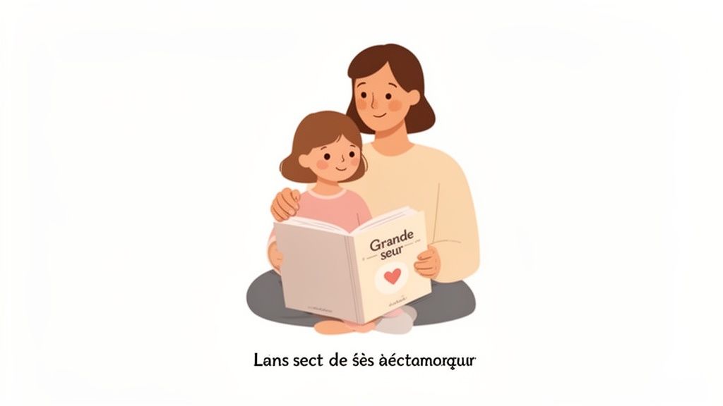 Une femme et une jeune fille lisent un livre intitulé "Grande sœur" avec un cœur rouge. Un moment tendre de lecture partagée.