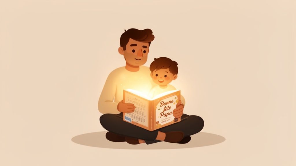Un père et son fils lisent un livre lumineux avec l'inscription "Bonne fête Papa".