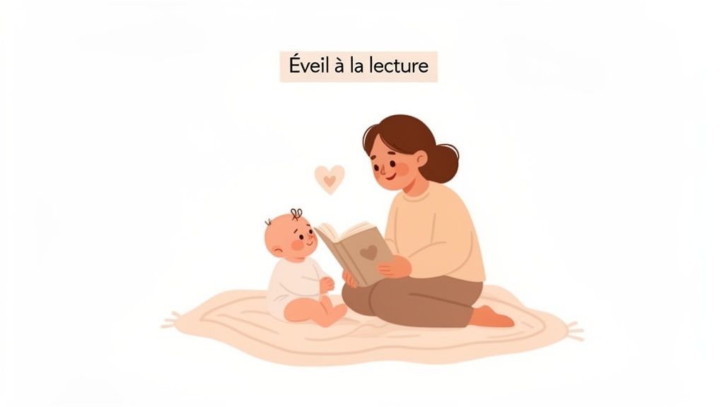 Une maman et son bébé sont assis sur un tapis beige, lisant ensemble un livre illustré. L'éveil à la lecture est mis en scène.