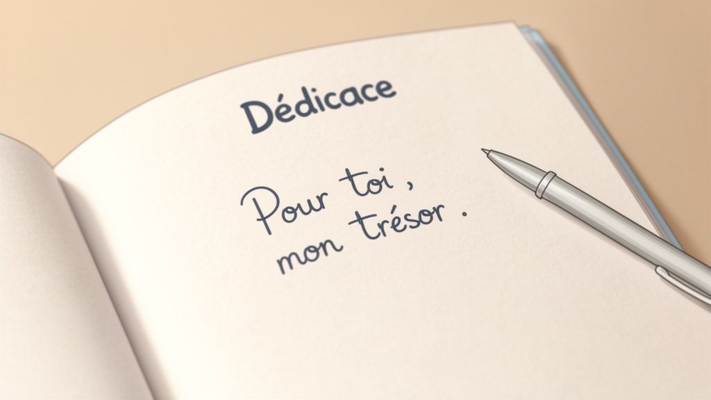 Une page de livre ouverte avec une dédicace manuscrite sentimentale : 'Pour toi, mon trésor', et un stylo.