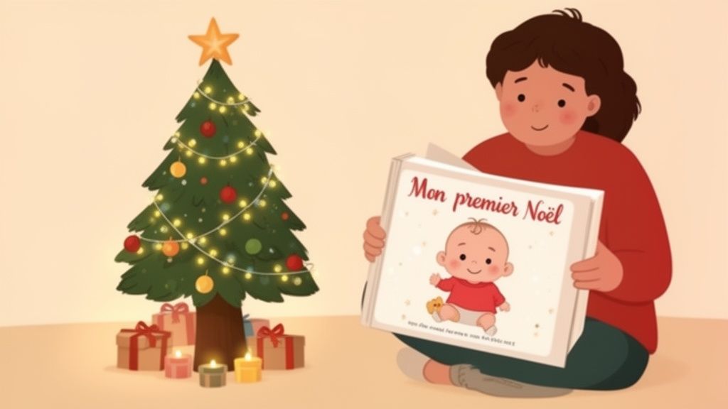 Une personne lit un livre "Mon premier Noël" à côté d'un sapin décoré, de cadeaux et de bougies.