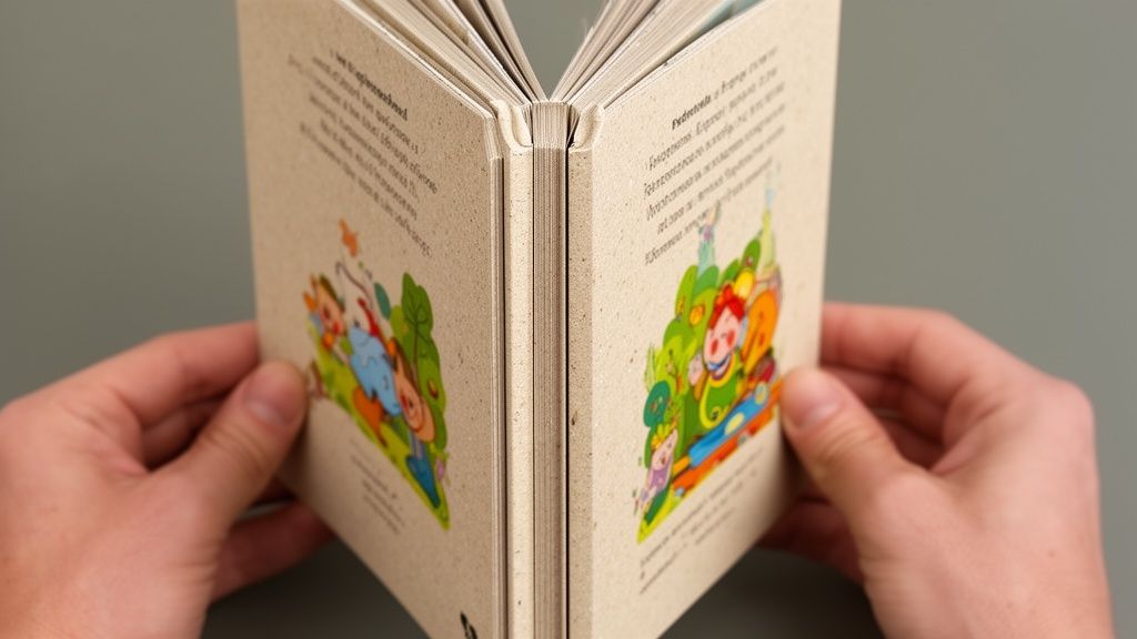 Une personne tenant un livre d'histoires pour enfants ouvert, montrant des pages illustrées de personnages.