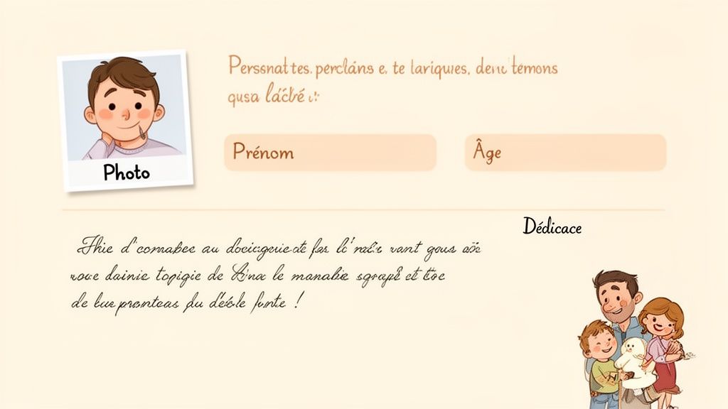 Page de livre personnalisable avec photo de garçon, champs pour nom et âge, section dédicace, et illustration de famille joyeuse.