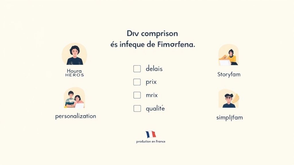 Tableau comparatif des services Hourra Héros et Storyfam, évaluant délais, prix et qualité.