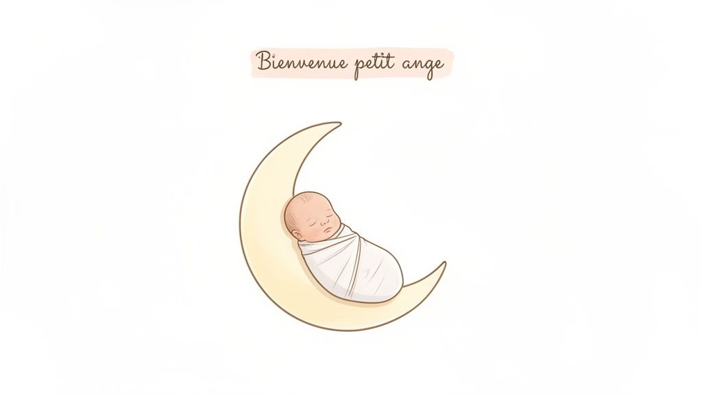 Illustration d'un bébé endormi emmailloté sur un croissant de lune, avec le message 'Bienvenue petit ange'.