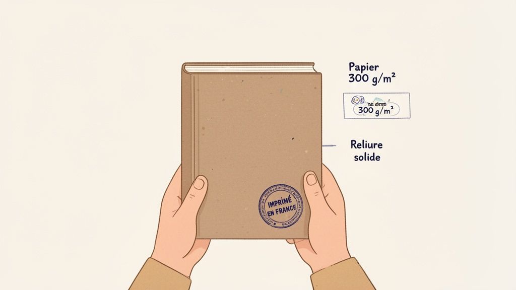 Deux mains tiennent un livre marron avec les annotations 'Papier 300 g/m²', 'Reliure solide' et le tampon 'IMPRIMÉ EN FRANCE'.