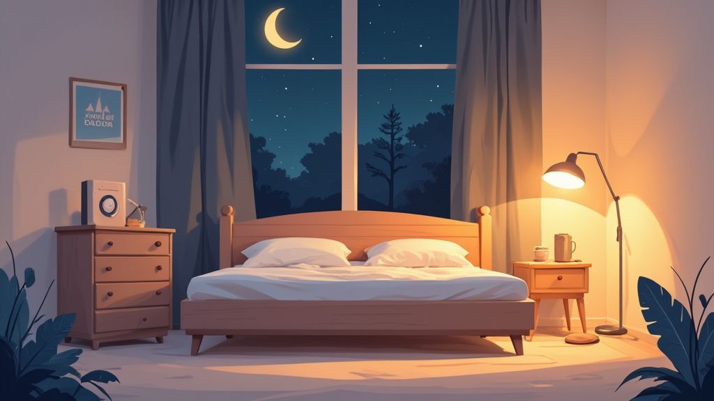 Chambre à coucher douillette la nuit avec un lit confortable, une commode et une fenêtre donnant sur une forêt éclairée par la lune.