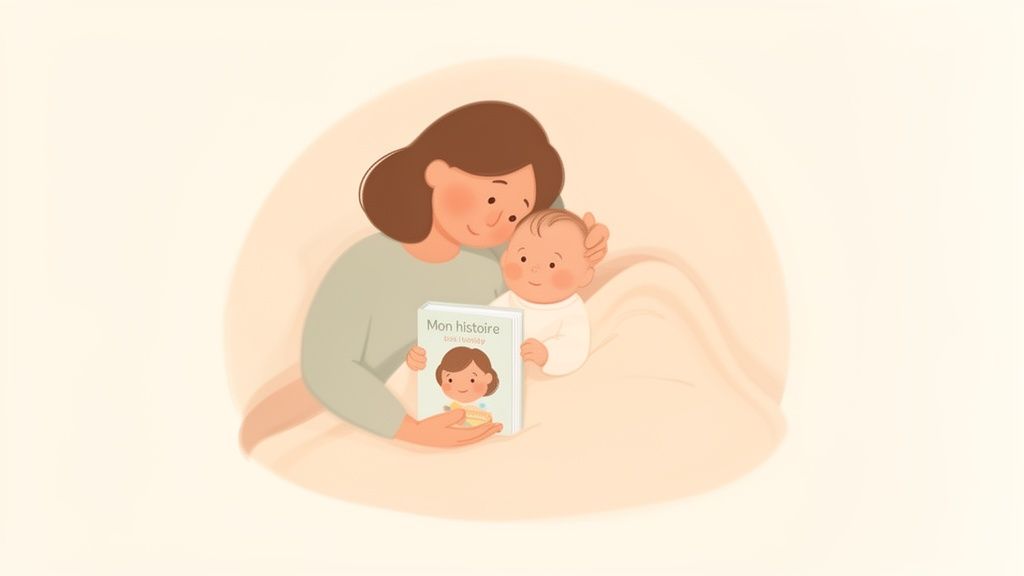 Mère et bébé partagent un moment de lecture intime avec un livre personnalisé "Mon histoire".
