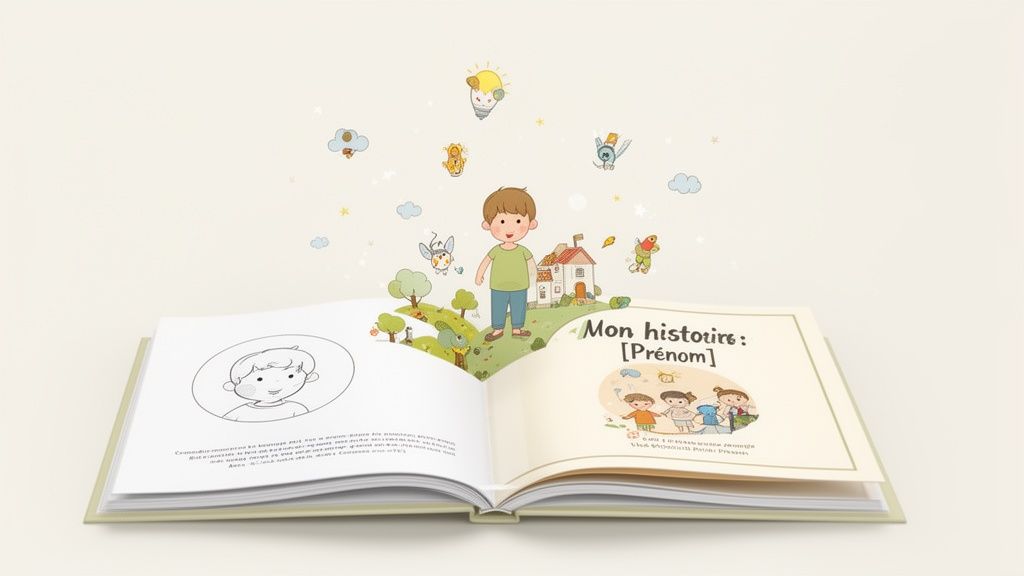 Livre pour enfants ouvert avec illustration d'un garçon, sa maison, et des créatures imaginaires flottantes, symbolisant l'éveil à la lecture.