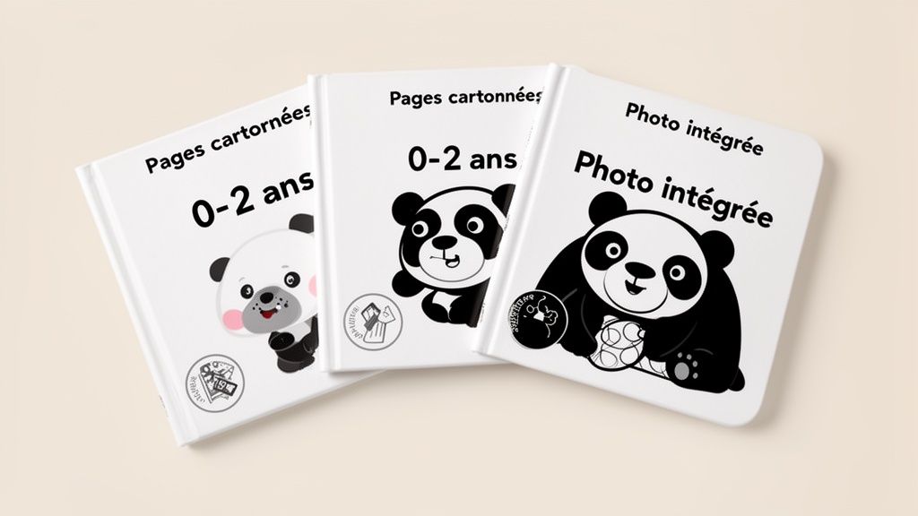 Trois livres cartonnés personnalisables pour bébés de 0 à 2 ans, illustrés avec des pandas sur fond clair.