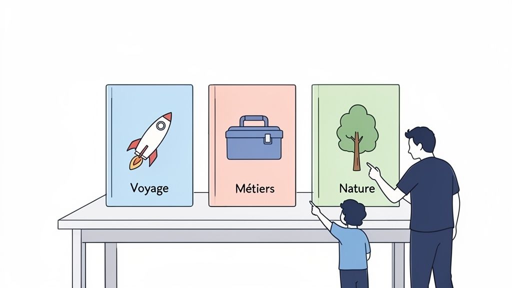 Un père et son fils regardent trois livres sur une table : Voyage, Métiers et Nature. Le père pointe la nature, le fils les métiers.