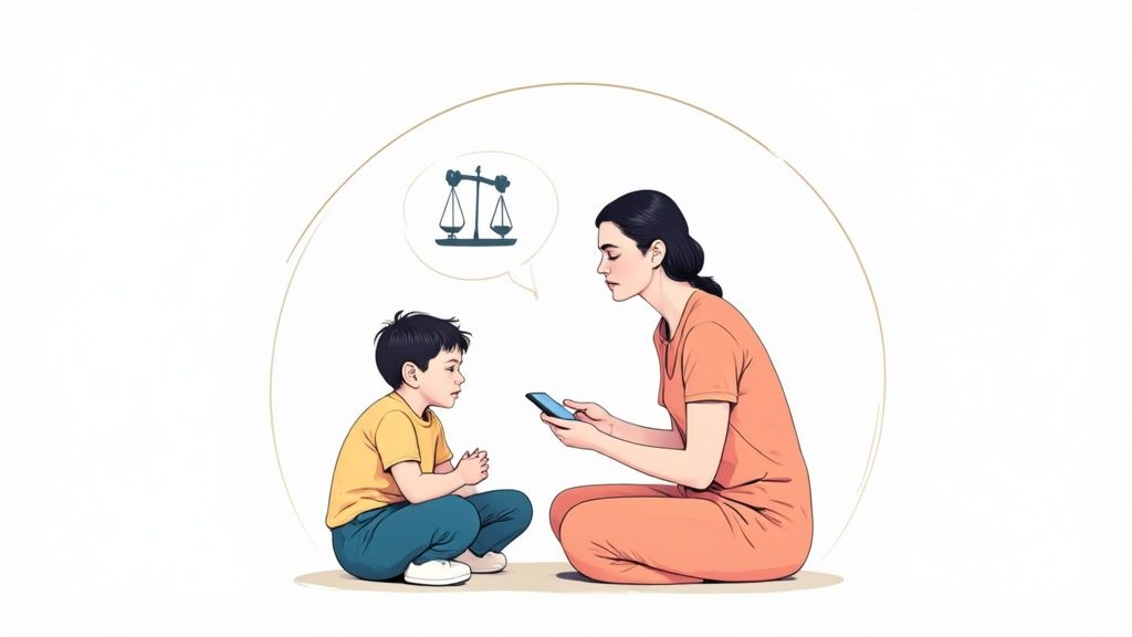 Une femme et un enfant assis face à face, la femme tenant un smartphone. Une bulle de pensée montre une balance, suggérant une discussion sur l'équilibre ou la justice.